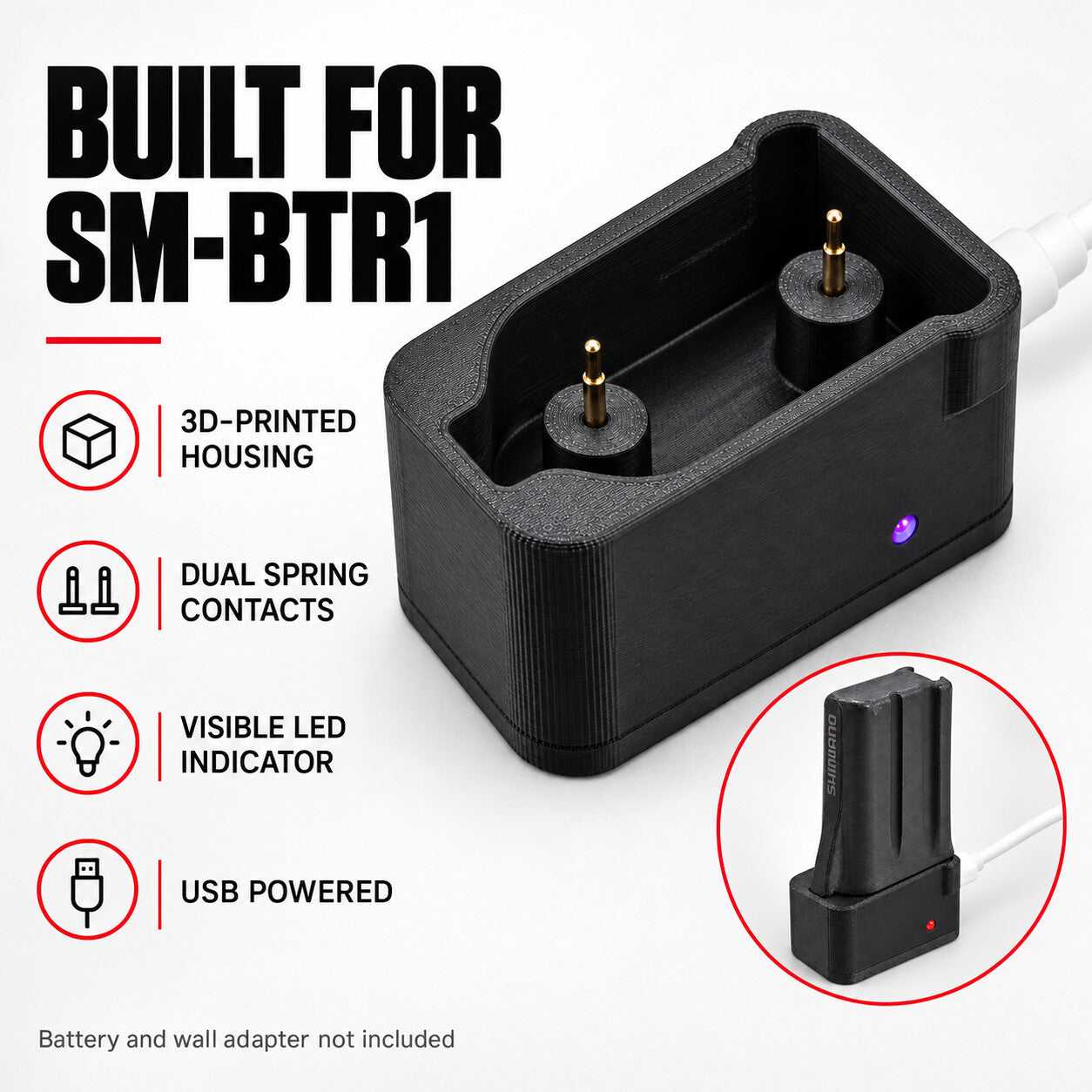 V4 | SM-BTR1 charging dock feature overview with USB power and LED indicator